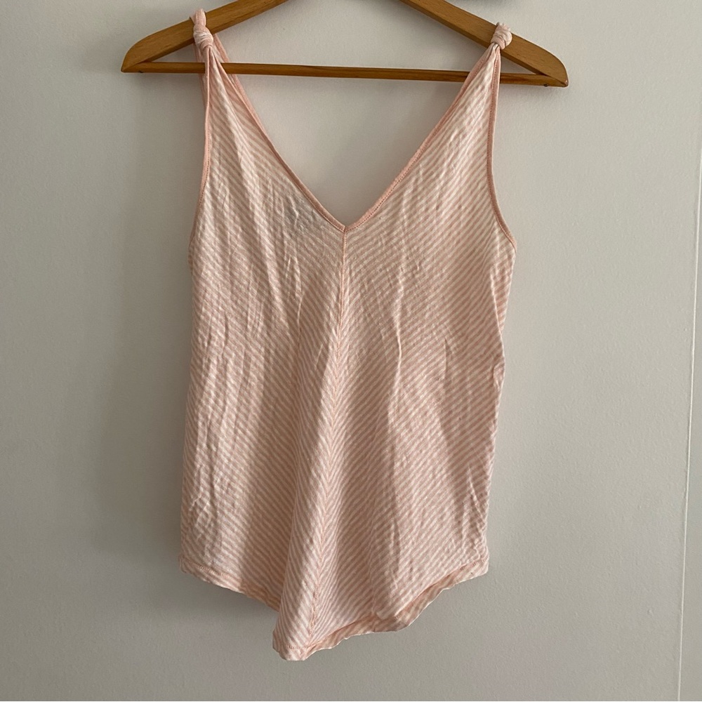 Paige Rylen 100% linen light pink stripe tank top with twist straps.